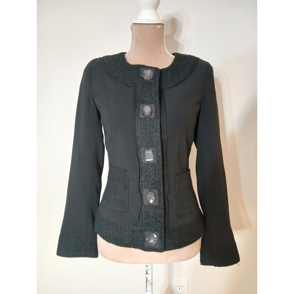 White House Black Market Tweed Trim Button Front Jacket Blazer Size 0 Art Deco